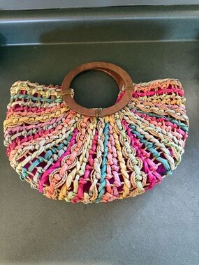 Capelli straw Multicolor Woven Clutch with Wooden Ring Handles